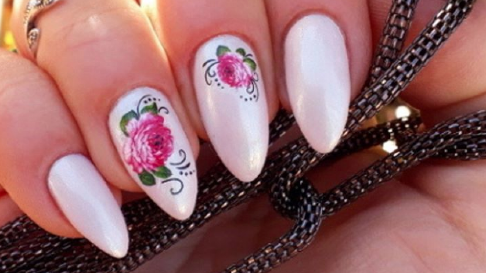 Beautiful white nails with pink roses