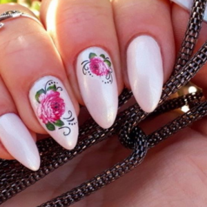 Beautiful white nails with pink roses