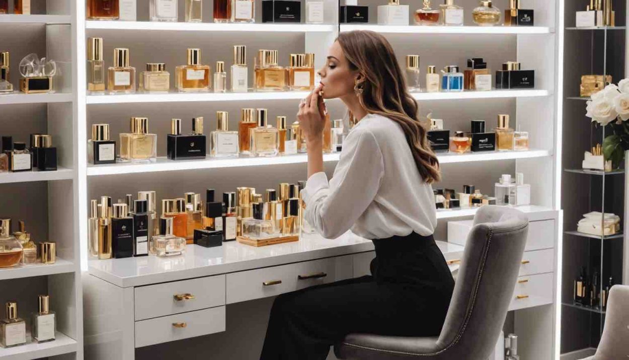 woman at her vanity smelling perfume