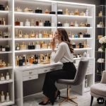 woman at her vanity smelling perfume