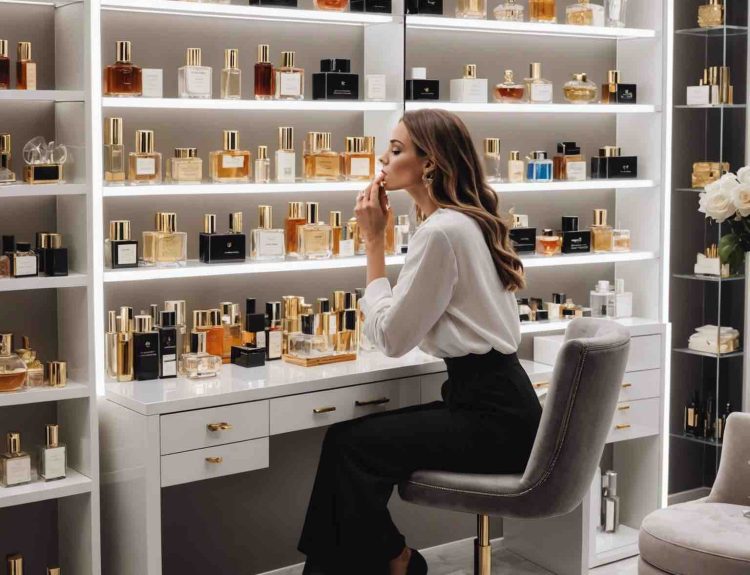 woman at her vanity smelling perfume