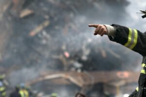 A firefighter in action at a disaster scene, directing rescue operations amidst smoke and debris.