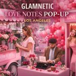 Glamnetic Love Notes Pop-Up in Los Angeles featuring interactive photo booth, flower cart, live poet, and playful Valentine’s vibes.