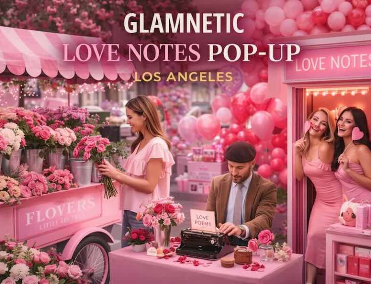 Glamnetic Love Notes Pop-Up in Los Angeles featuring interactive photo booth, flower cart, live poet, and playful Valentine’s vibes.