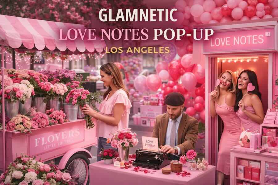 Glamnetic Love Notes Pop-Up in Los Angeles featuring interactive photo booth, flower cart, live poet, and playful Valentine’s vibes.
