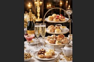Golden Scone Afternoon Tea at The London West Hollywood featuring scones, tea sandwiches, champagne, and desserts during awards season