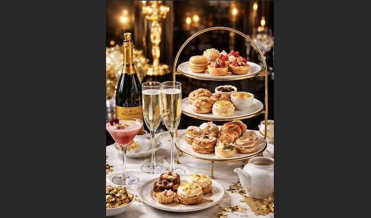 Golden Scone Afternoon Tea at The London West Hollywood featuring scones, tea sandwiches, champagne, and desserts during awards season