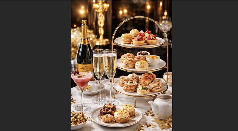 Golden Scone Afternoon Tea at The London West Hollywood featuring scones, tea sandwiches, champagne, and desserts during awards season