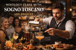 Mixology Class with Sogno Toscano in Los Angeles featuring bartender Dylan Bonansinga teaching advanced cocktails with Italian small bites.