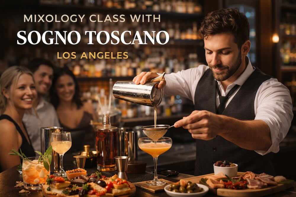 Mixology Class with Sogno Toscano in Los Angeles featuring bartender Dylan Bonansinga teaching advanced cocktails with Italian small bites.